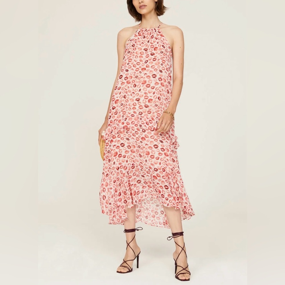 Rachel Zoe Pink High Low flowy ruffle lipstick print Dress size 8